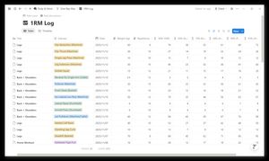 Так это выглядит в Notion на винде: упражнения я выбираю из выпадающего списка в колонке Exercise, чтобы не вводить их каждый раз вручную.